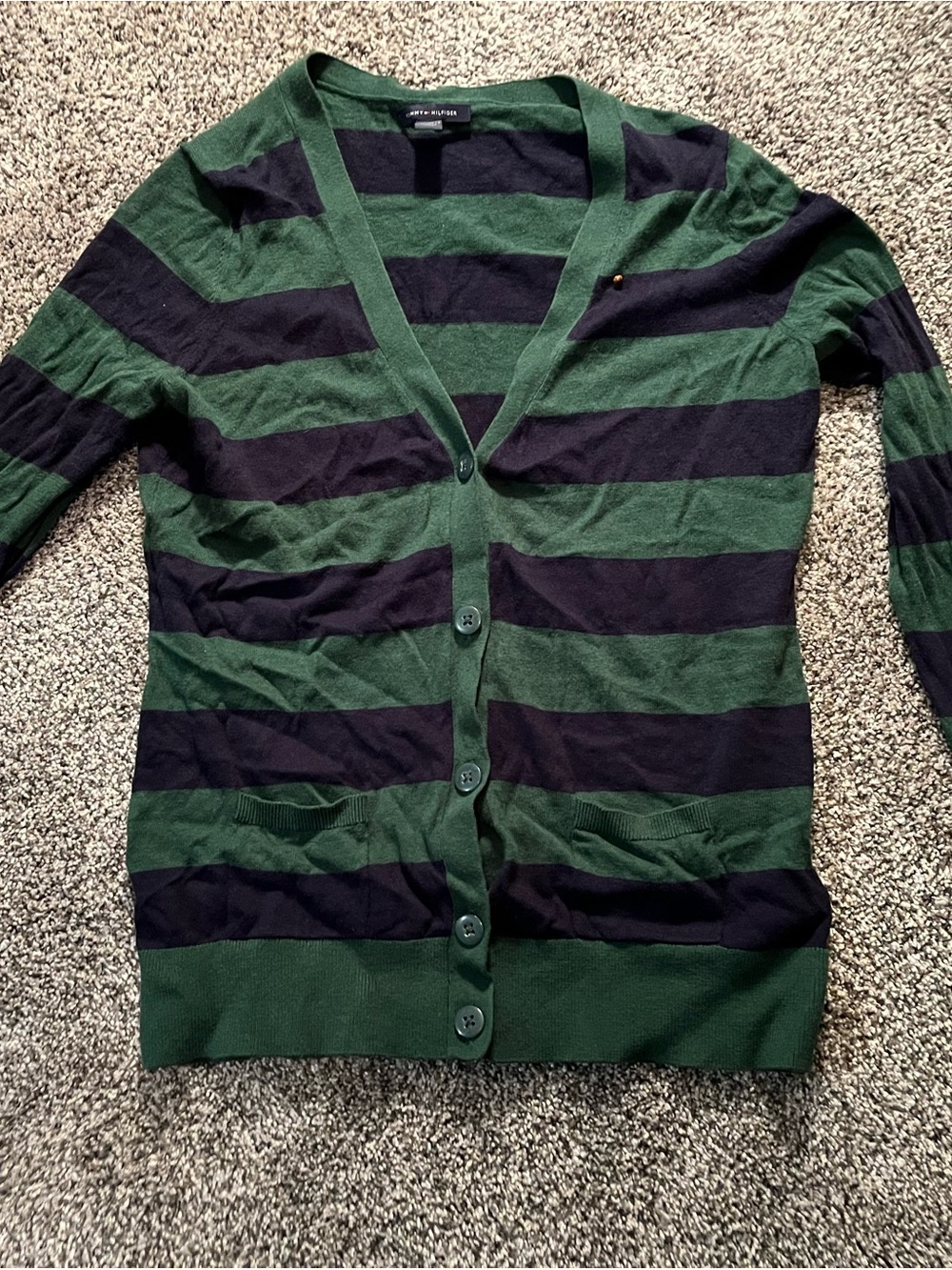 Tommy Hilfiger Green and Navy Blue Striped V-Neck Button Cardigan